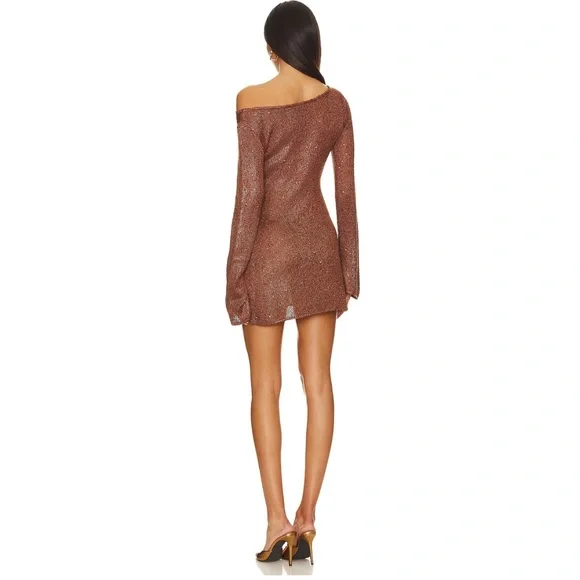 Asta resort Maya Sleeve Mini Dress - Chocolate Sequin Brown One-Shoulder Dress - Picture 3 of 8